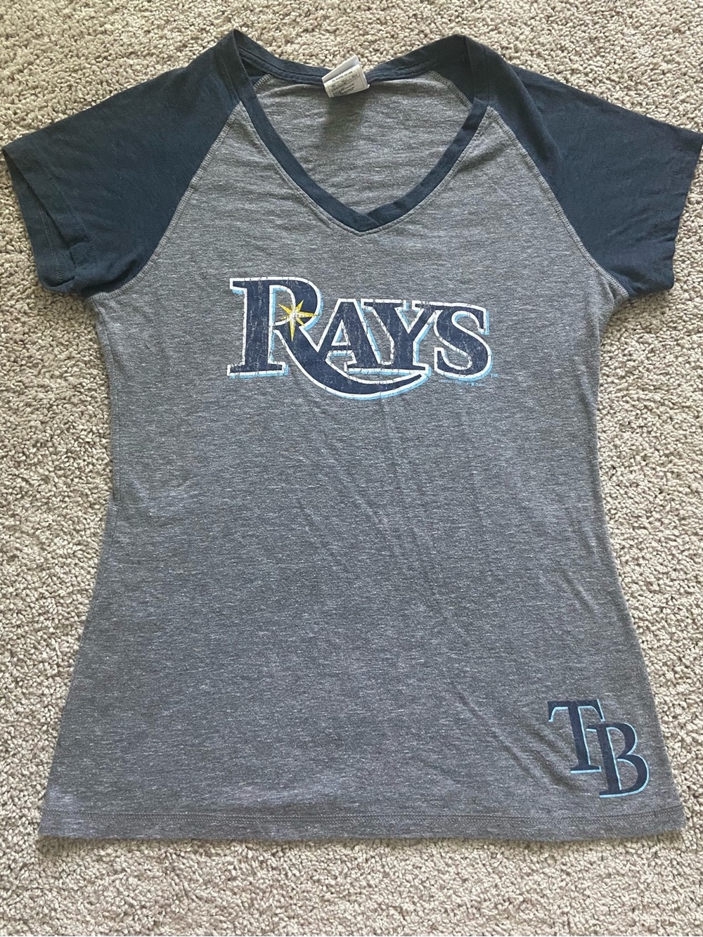 Tampa Bay Rays Women's V-Neck T-Shirt Gray/Navy MLB Sz XL